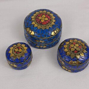 Nesting Trinket Boxes (3) Blue & Red Flat Stone with Gold Accents Handmade NWOT